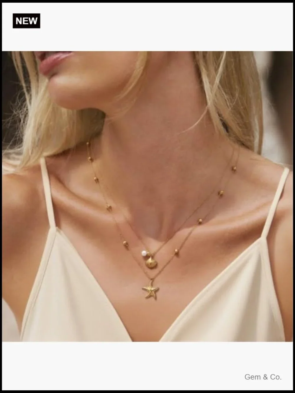 Layered Seashell Starfish Pearl Beach Charm Necklace Set